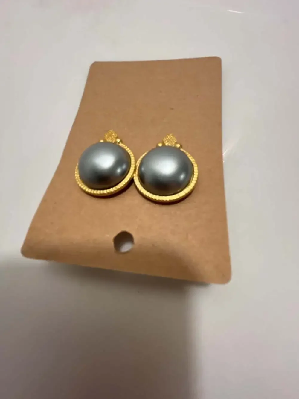 Vintage Nolan Miller Faux Gray Pearl Gold Tone Stud Earrings